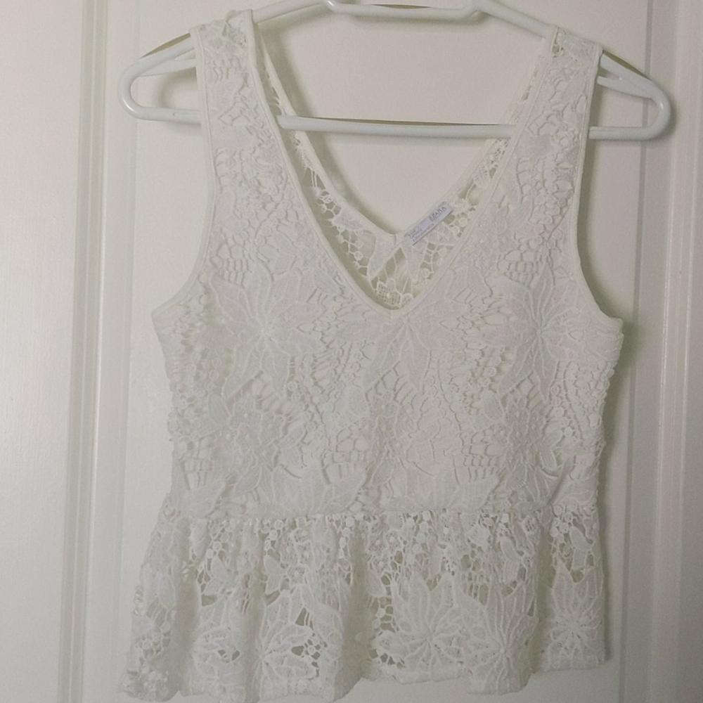 ZARA WHITE STRETCH LACE FLORAL RUFFLE TANK TOP M